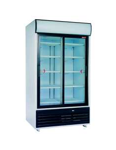 Vitrine à boissons double portes coulissantes, 857 litres, avec caisson lumineux.