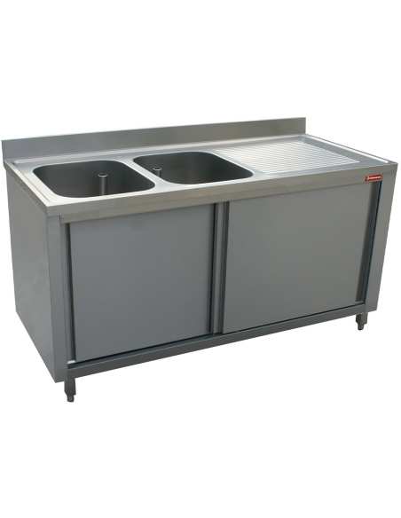 Plonge 2 cuves 400x500x275 égouttoir droit  sur armoire 2 portes coulissantes