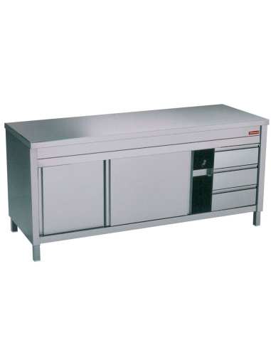 Table sur armoire neutre et 3 tiroirs à droite