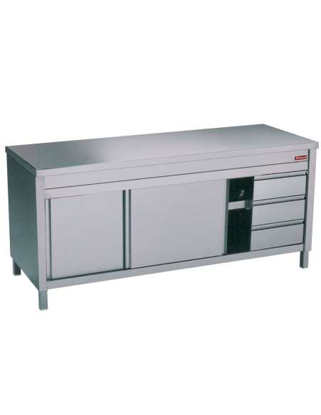 Table sur armoire neutre et 3 tiroirs à droite