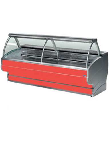 Comptoir vitrine réfrigéré à vitre bombée, ventilé, avec réserve + roue