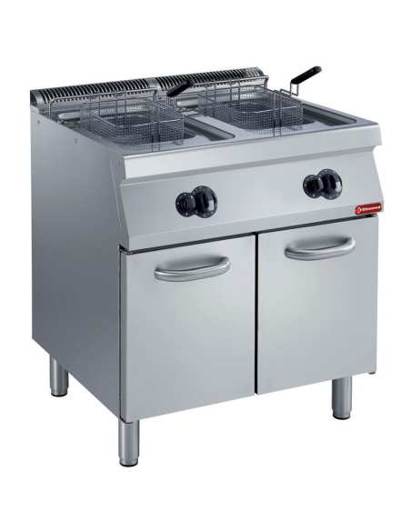 Friteuse gaz 2 cuves en "Y" 2x 15 litres, brûleurs extérieurs, sur armoire