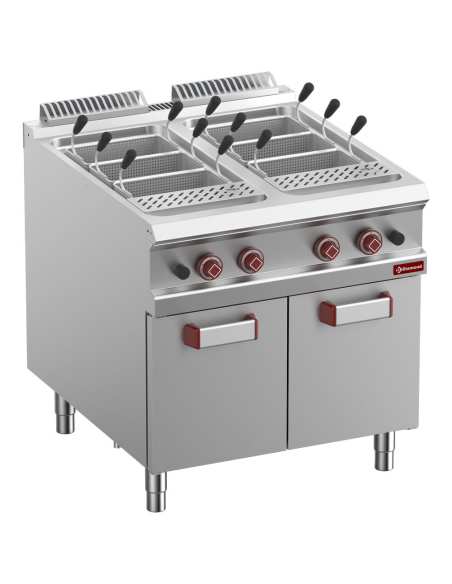 Cuiseur à pâtes gaz, 2 cuves 40 lit. sur meuble fermé (s/paniers)