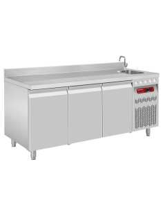 Table frigorifique "murale" ventilée, 3 portes GN 1/1, 405 Lit. avec évier
