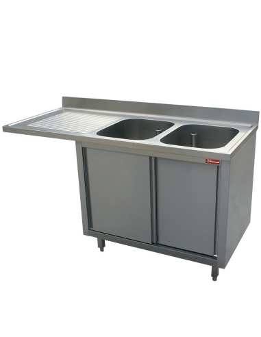 Plonge 2 cuves 400x500x275 égouttoir gauche sur armoire 2 portes coulissantes et espace lave vaisselle