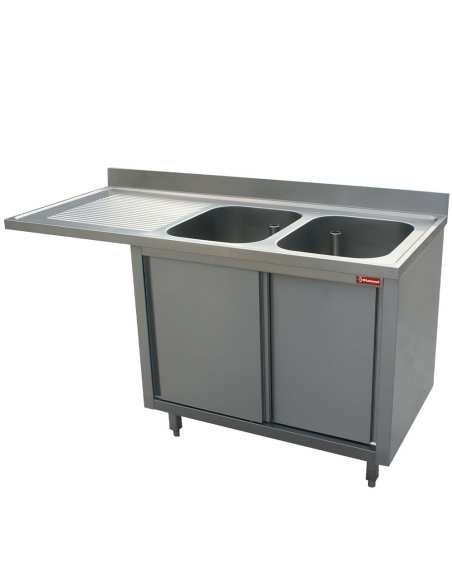 Plonge 2 cuves 400x500x275 égouttoir gauche sur armoire 2 portes coulissantes et espace lave vaisselle