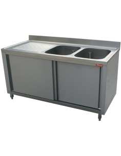 Plonge 2 cuves 400x500x275 égouttoir gauche sur armoire 2 portes coulissantes