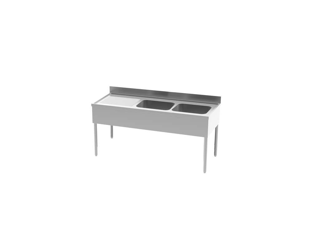 Plonge inox professionnelle 1800x700 adossée 2 bacs égouttoir à gauche