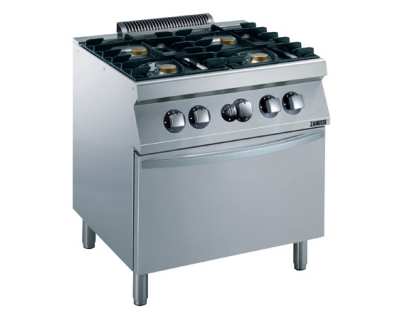 Fourneau professionnel gaz 4 feux vifs sur four gaz 3x GN2/1